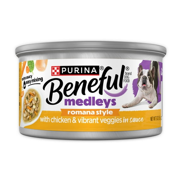 Purina Beneful Medleys Romana Style Wet Dog Food with Real Chicken, Carrots, Pasta, and Spinach in Dog Gravy, 3 oz Can