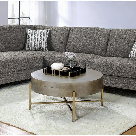 Space-Saving Light Brown & Champagne Coffee Table with Drum Shape and Wood Top
