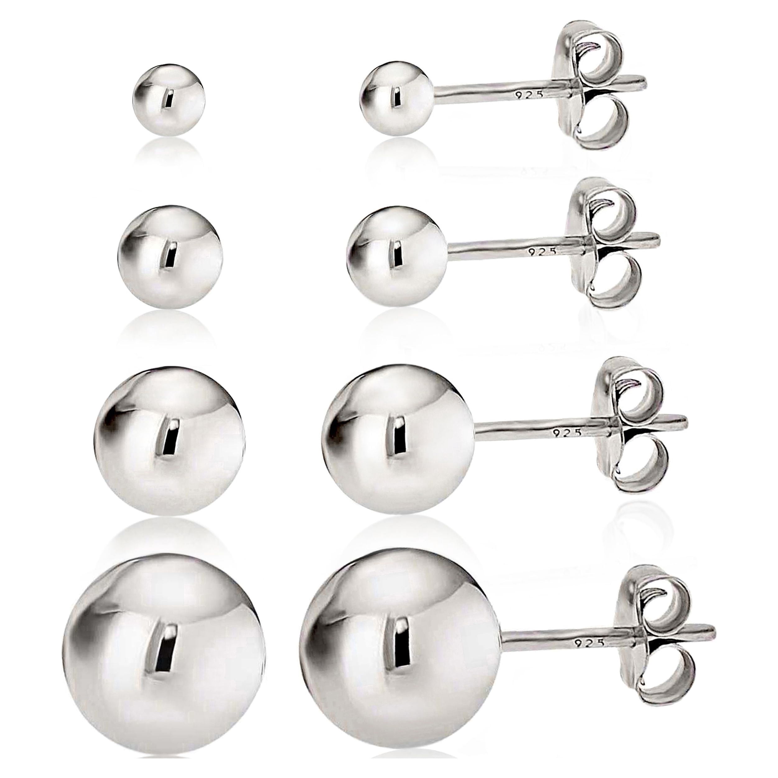 Kezef 925 Sterling Silver High Polish Smooth Round Ball Stud Earring 4-Size Set - 2mm, 4mm, 6mm, 8mm