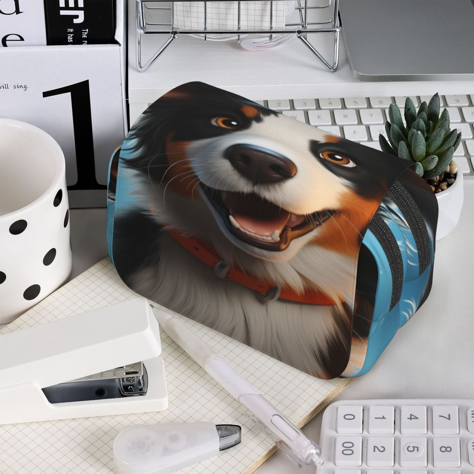 Rateoe Playful Smile Cute Dog Pattern Double Clamshell Pen Case, Storage Organizer with Two Zipper Compartments– Holds Up to 50 Pencils & Pens