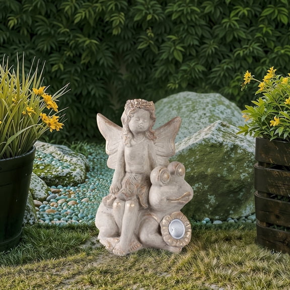 Garden Statuary Resin and Magnesia Fairy Sculpture with Glass Orb on Tree Stump Decorative Figurine