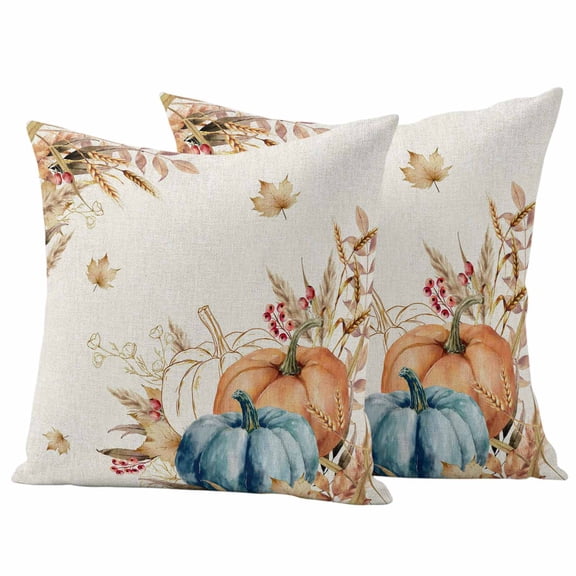 Outdoor Pillow Covers 24 x 24 Inches, Orange Blue Pumpkin Fall Waterproof Throw Pillow Cover Set of 2, Thanksgiving Wheat Botanical Vintage Decorative Square Cushion Covers for Patio/Tent/Garden