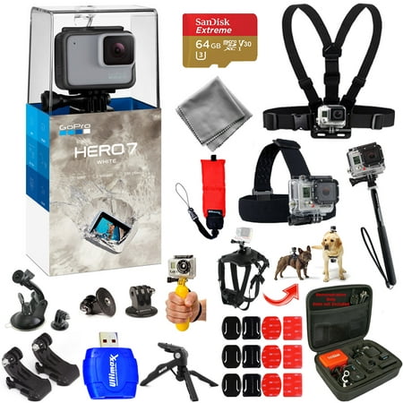 GoPro HERO7 HERO 7 White Action Camera Mega Pro ALL YOU NEED Accessory Bundle with 64GB Micro SD, Head and Chest Strap, Dog Harness, Medium Case + MUCH (Best Action Camera For Photos)