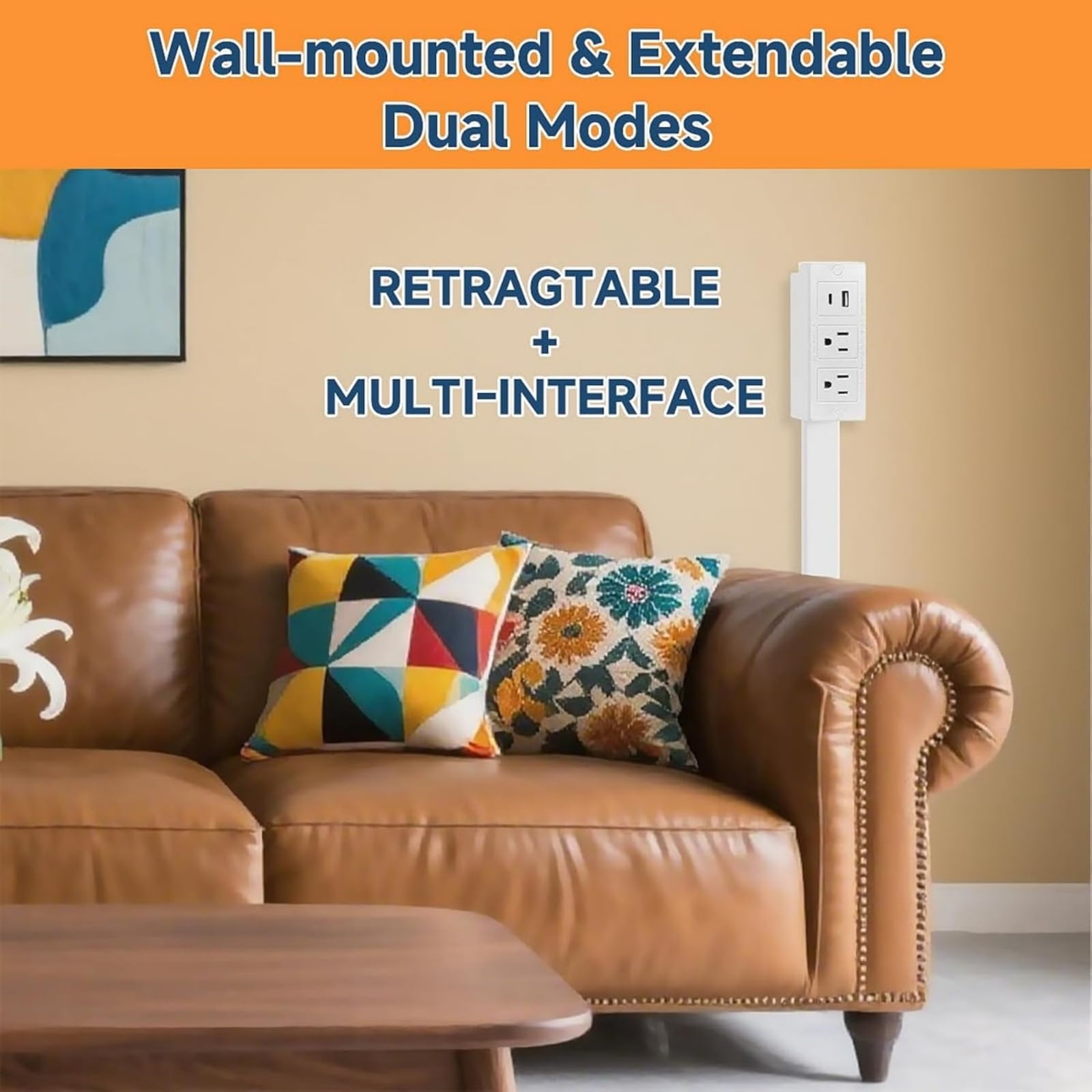 Demine Outlet Extender Stick, Electrical Outlet Extender Features USB-A, USB-C, and 2 AC Electrical Outlet Extender Stick, Extends 18"-27", Use Behind Couches, Nightstands, Desks