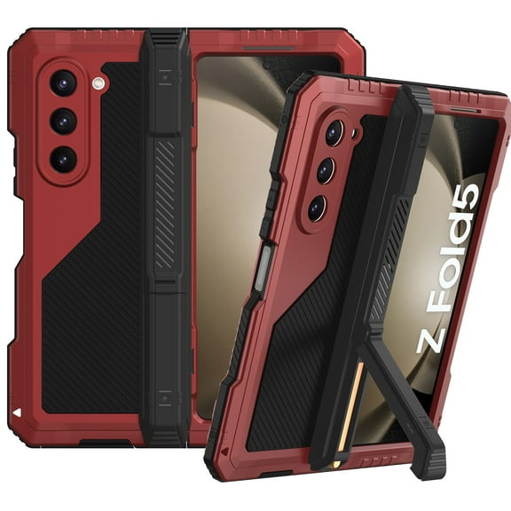 ELEHOLD for Samsung Galaxy Z Fold 5 Heavy Duty Case with Hinge Protection, Z Fold 5 Hybrid Metal Soft Silicone Military Shockproof Rugged Case with Kickstand for Samsung Galaxy Z Fold5 2023,Red