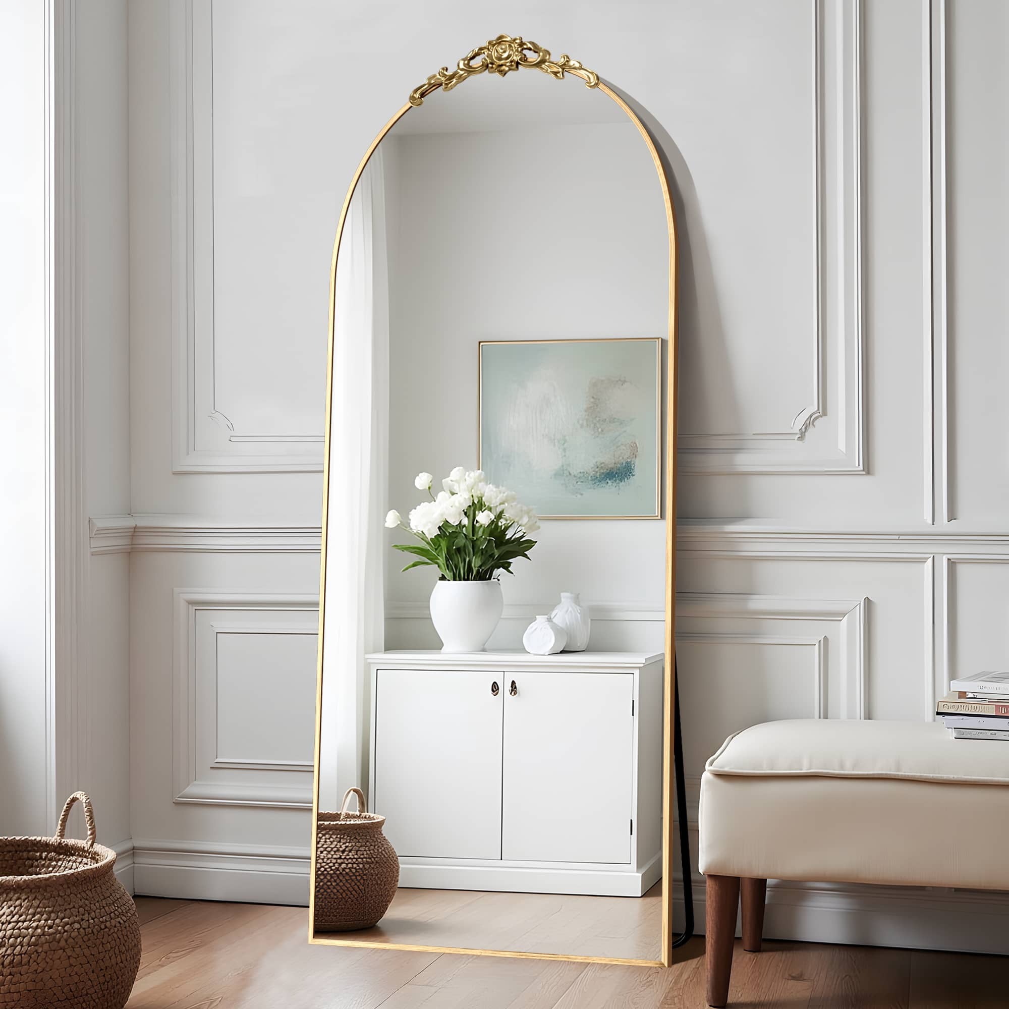 MAYEERTY 71"x31" Aluminum Alloy Full-length Mirror ,Thin Edged Arched Mirror for Bathroom with Bracket, Gold