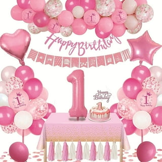 YANSION Pink Birthday Party Decorations for Girls, Happy Birthday Banner,  Cake Topper, 40 Number Balloons, Baby Pink Party Tablecloth, First  Birthday