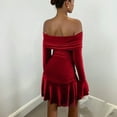 thumbnail image 4 of Off Shoulder Velvet Dress, Tiered Mini Dress for Party Wear, Glamorous Holiday Dress for Christmas, NYE, and Night Out Celebrations Red XL, 4 of 4