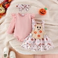 thumbnail image 4 of CONFREE Halloween Clothes Set for Toddler Girl Long Sleeve Cute Pumpkin Ghost Embroidered Tops Suspender Skirt With Hairband 3Pcs Hallowmas Outfit Set Fall Clothing Set, 4 of 9