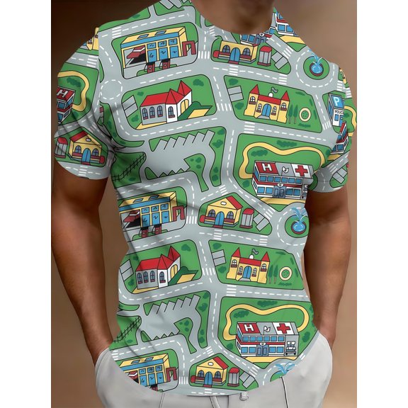 3D summer new retro toy car mat street building abstract pattern short sleeve digital printing design T-shirt elements trendy men's casual fashion top