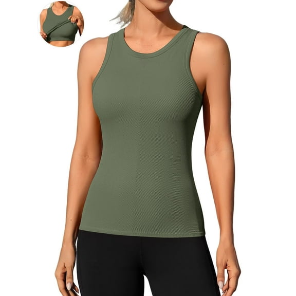 ANFERRY Ribbed Workout Tank Tops for Women Seamless Full Length Athletic Camisole with Built in Bra