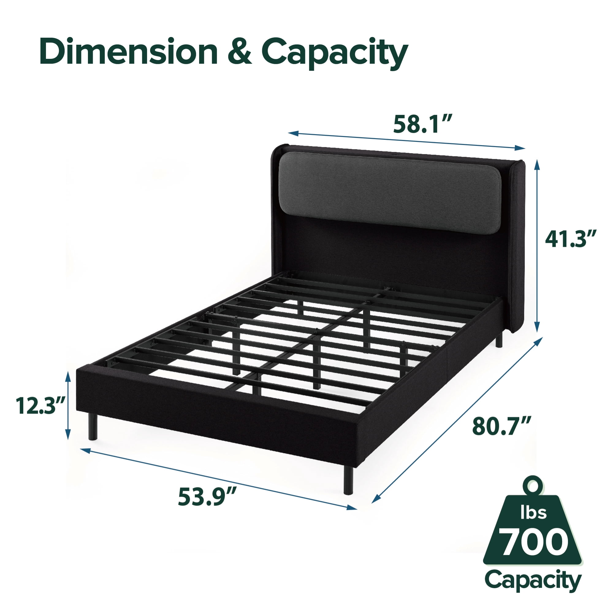 Zinus 41" Avery Platform Bed, Reclining Fabric Headboard and USB Ports, Black, Full