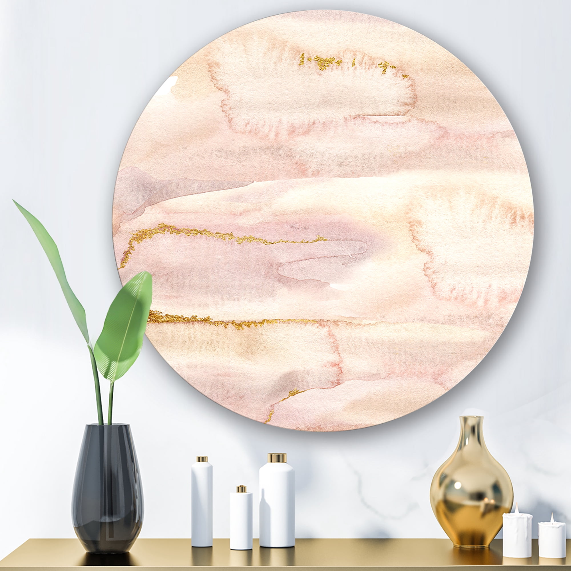 Designart 'Pastel Abstract With Beige Pink and Yelllow Spots' Modern Circle Metal Wall Art 11x11 - Disc of 11
