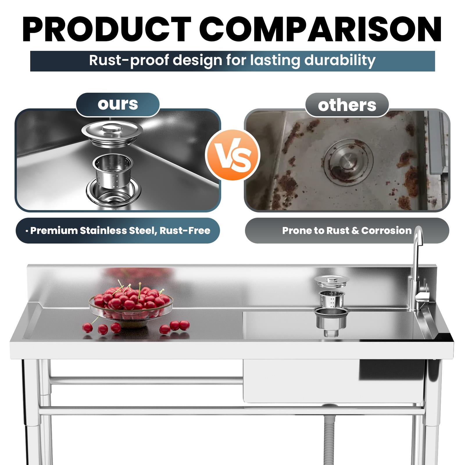 Zhuotong22" Free Standing Stainless Steel Utility Sink, Single Bowl Commercial Kitchen Sink with Faucet & Storage Shelf, Heavy-Duty Sink for Home, Restaurant, Indoor Outdoor Use