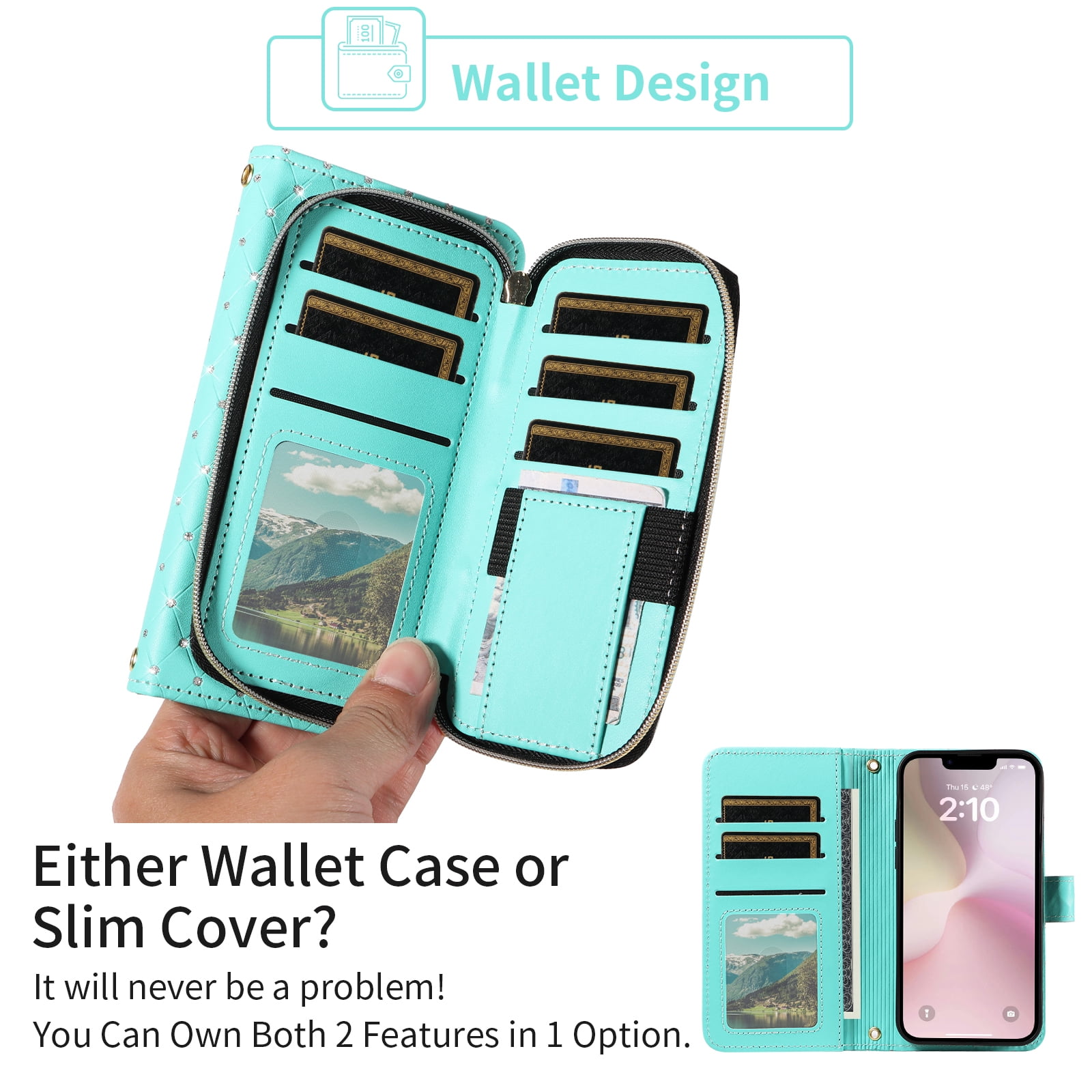 Compatible with iPhone 16e/SE 2025/SE 4 Wallet Phone Case Tempered Glass Screen Protector Bling Glitter Crossbody Lanyard Strap Flip Zipper Purse Card Holder Cell Cover for i Phone16e SE4 Women Green