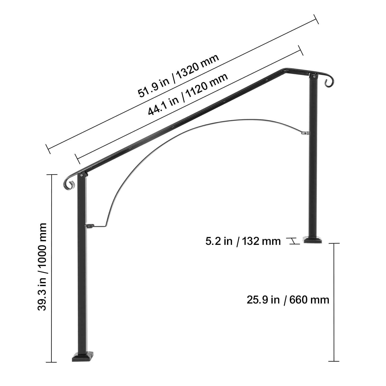 KFFKFF Handrails for Outdoor Steps, Suitable for 3 or 4 Stairs, Arch#3 Wrought Iron Railing, Versatile Porch Handrail, Black Durable Handrails for Concrete or Wooden Stairs