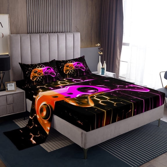 Erosebridal Gradient Orange Pink Gampad Bed Sheets Twin , Gamer Game Bedding Sets Twin Size for Teens Bedroom Decor 3 Pieces