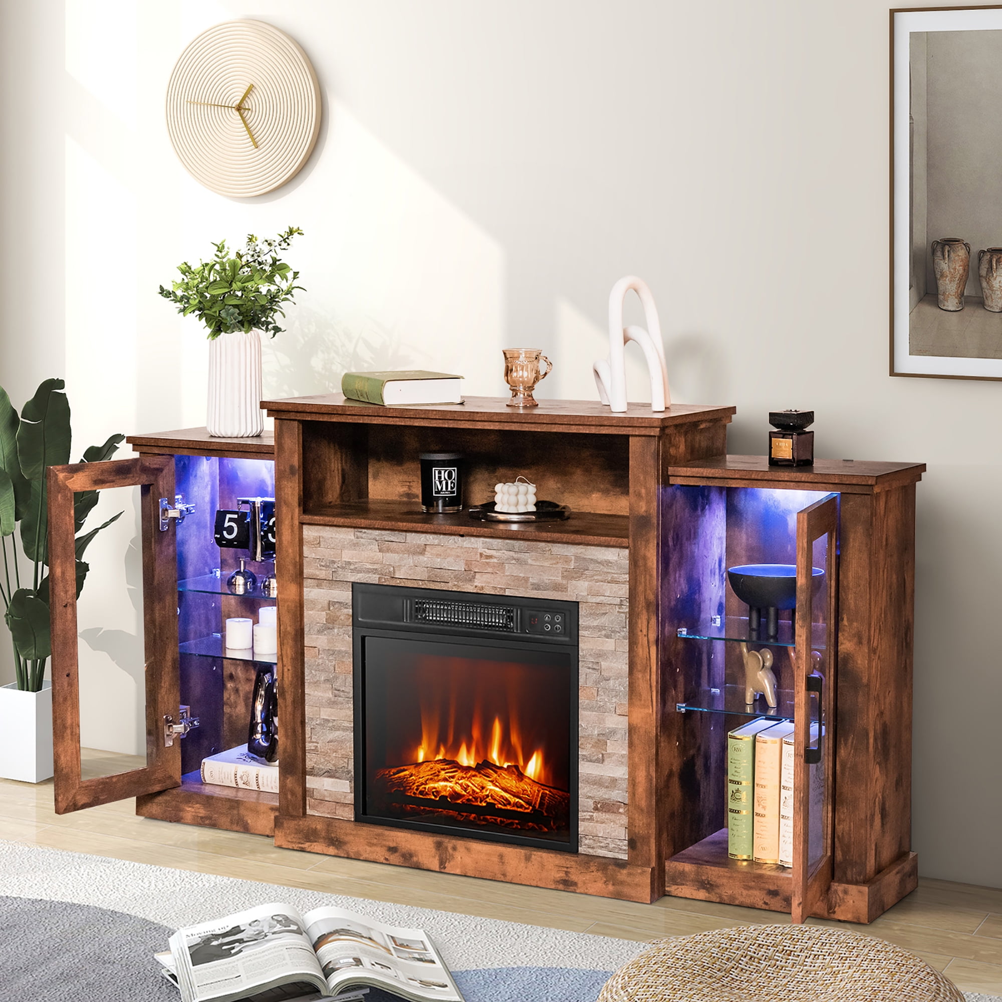 Costway Fireplace TV Stand w/ Led Lights & 18" Electric Fireplace for For 65" Wall-Mounted TV