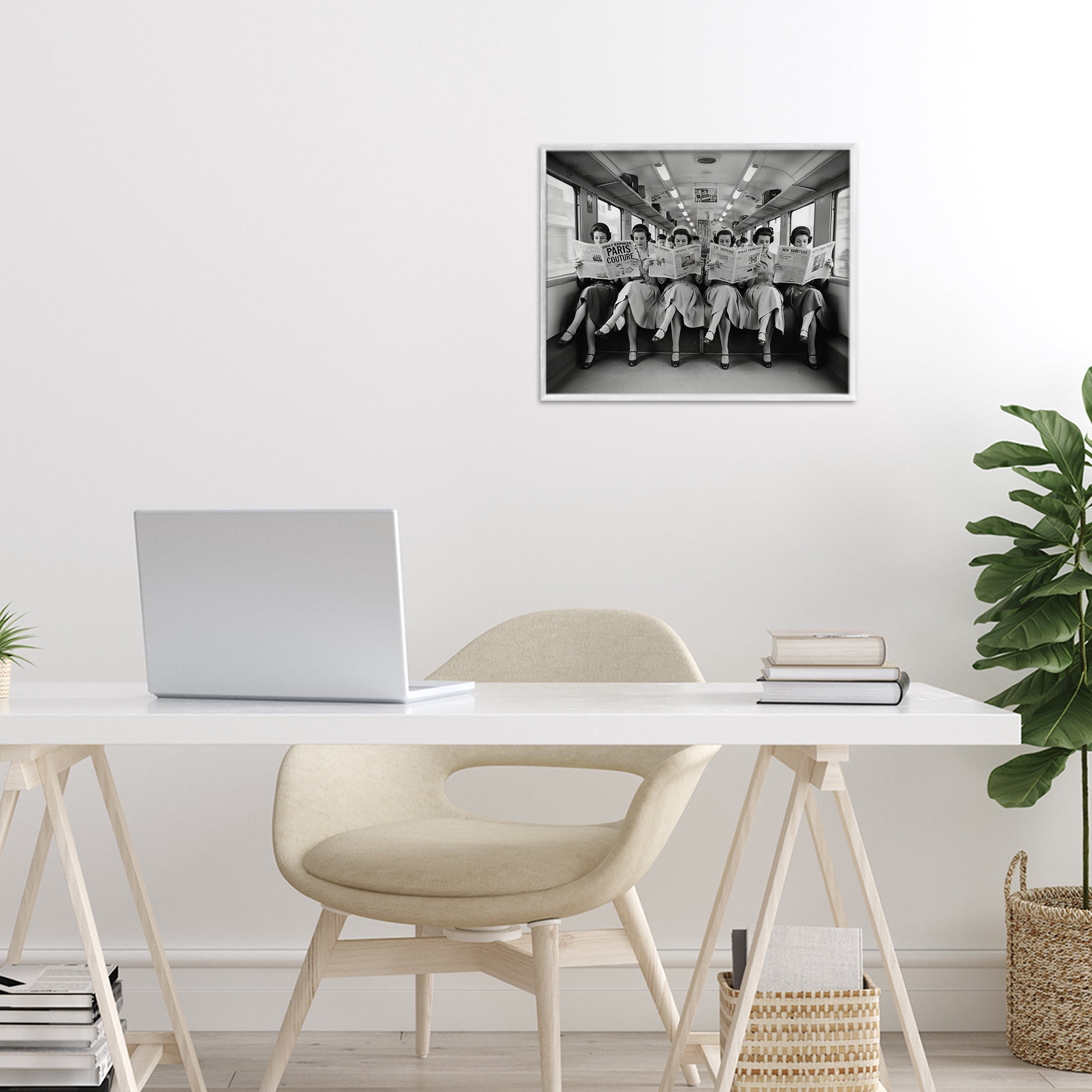 Stupell Industries Newsprint Ladies on Train White Framed Giclee Art, design by A Barefoot Stylist