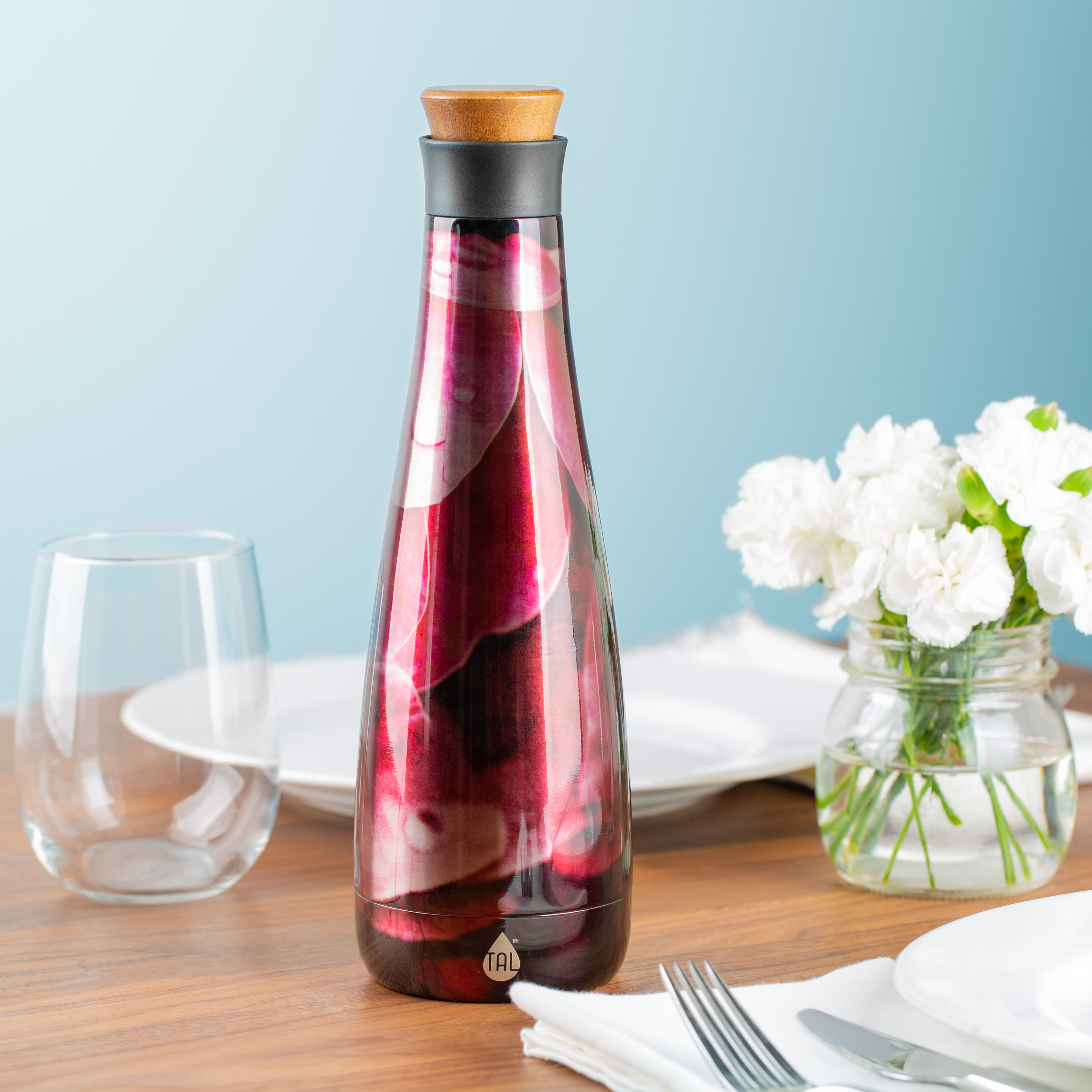 Tal Floral Bordeaux Stainless Steel 17 Ounce Water Bottle with Acacia Wood Lid