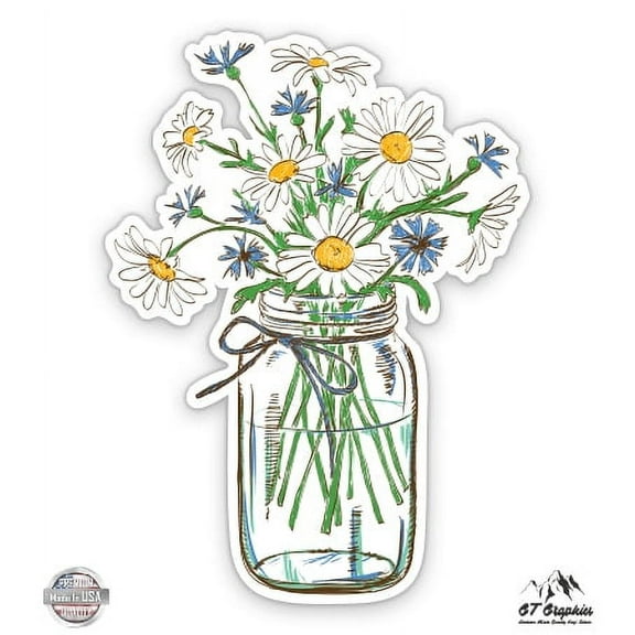 Daisies in Mason Jar - 3" Vinyl Sticker - For Car Laptop I-Pad Phone Helmet Hard Hat - Waterproof Decal