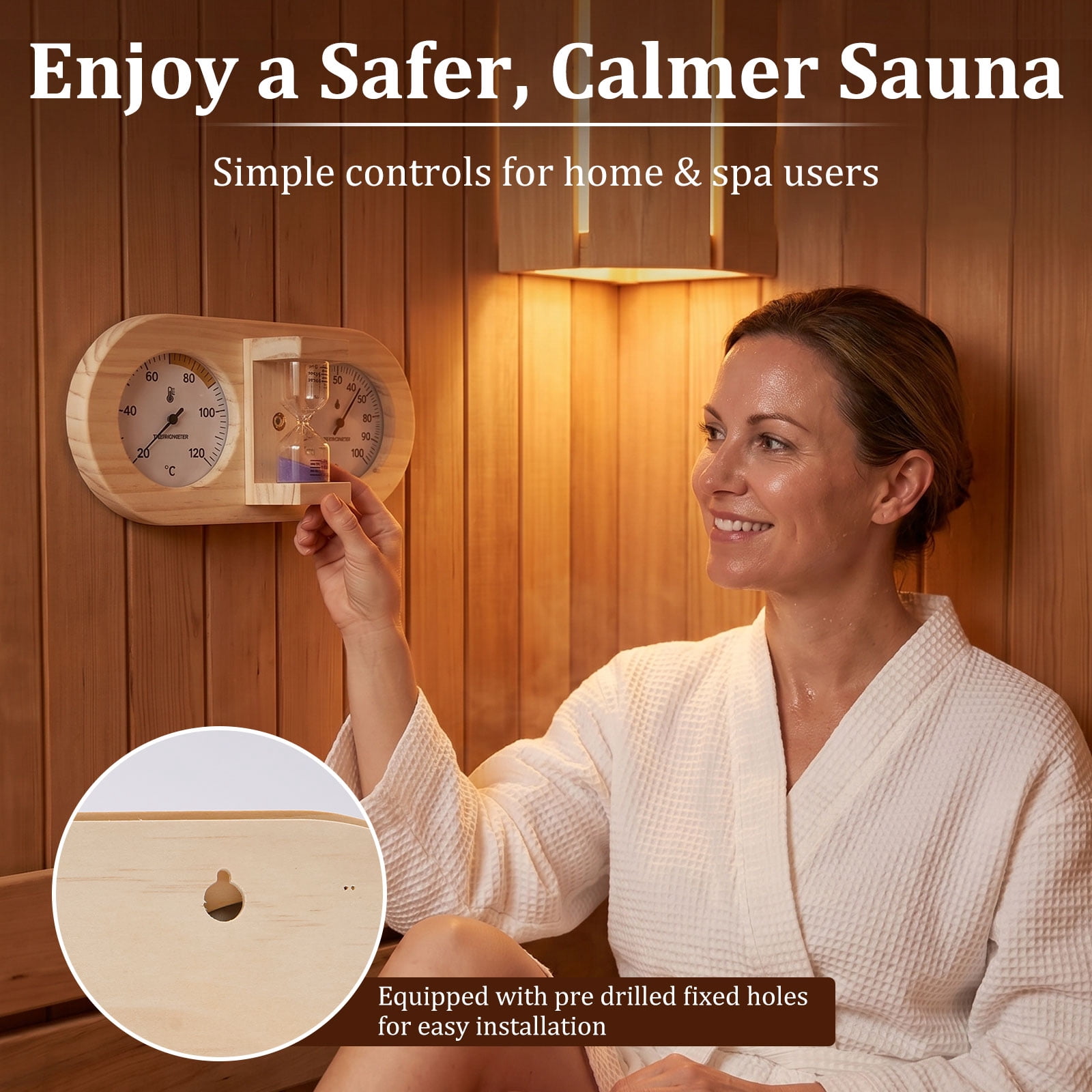 Xdziklosj Wooden Sauna Thermometer Hygrometer with 15 Minute Hourglass Timer Wall Mount Sauna Temperature Gauge for Home and Commercial Use