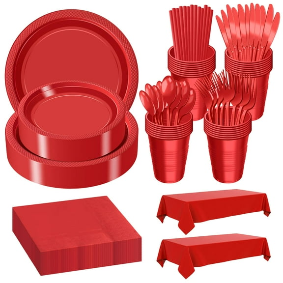 242 Pcs Plastic Dinnerware Set Includes AFN130 Of Each 9" Dinner Plates |7" Dessert Plates|12 oz Plastic Cups | Napkins|Straws|Spoons, Forks & Knives (Red, 242PCS（30 Guests）)