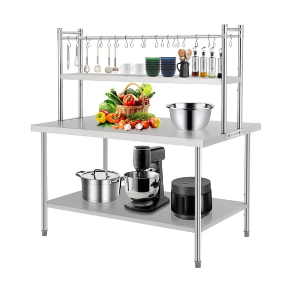 Stainless Steel Work Table with 2 Shelves, Heavy Duty Commercial Food Prep Table, Metal Kitchen Prep Table with Adjustable Shelves & Hooks for Restaurant Home