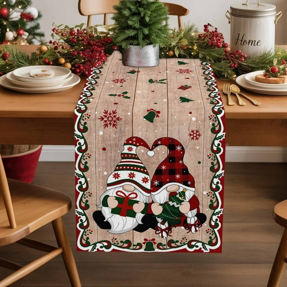 Burlap Table Runner 36 Inches Long,Christmas Gnomes Tree Winter Snow Non-Slip Kitchen Table Runners for Dining Room Everyday Use Party Table Decorations Xmas Gift Vintage Planks