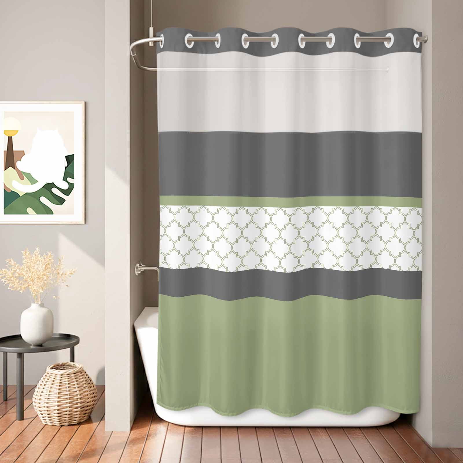 No Hook Shower Curtains for Bathroom Sage Green Morocco Waterproof Shower Curtain Restroom Decor Modern Stitching Geometric Striped Grey Bathtub Bath Curtains with See Through Top Window 60x72 Inch