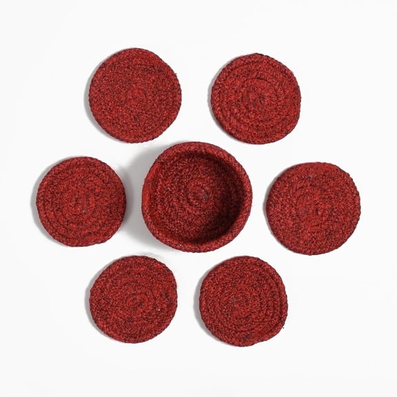 Coasters Set of 6 for Drinks, Cotton Woven Absorbent Coasters with Holder, Boho Style 4 Colors Tabletop Protection for Coffee, Beer & Cups (Red)