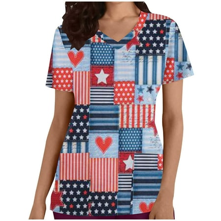 

LWZWM Women s Stars Stripes Scrub Tops Short Sleeve V-Neck Pocket Light Blue S