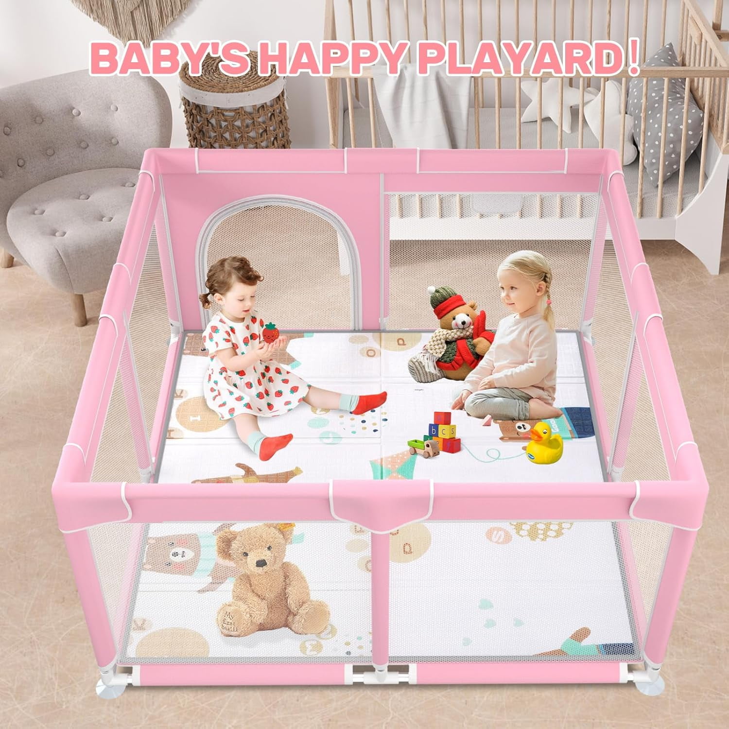 kmaier Baby Playpen, Large Indoor and Outdoor Play Yards, 360° Visibility , for Toddler-Pink