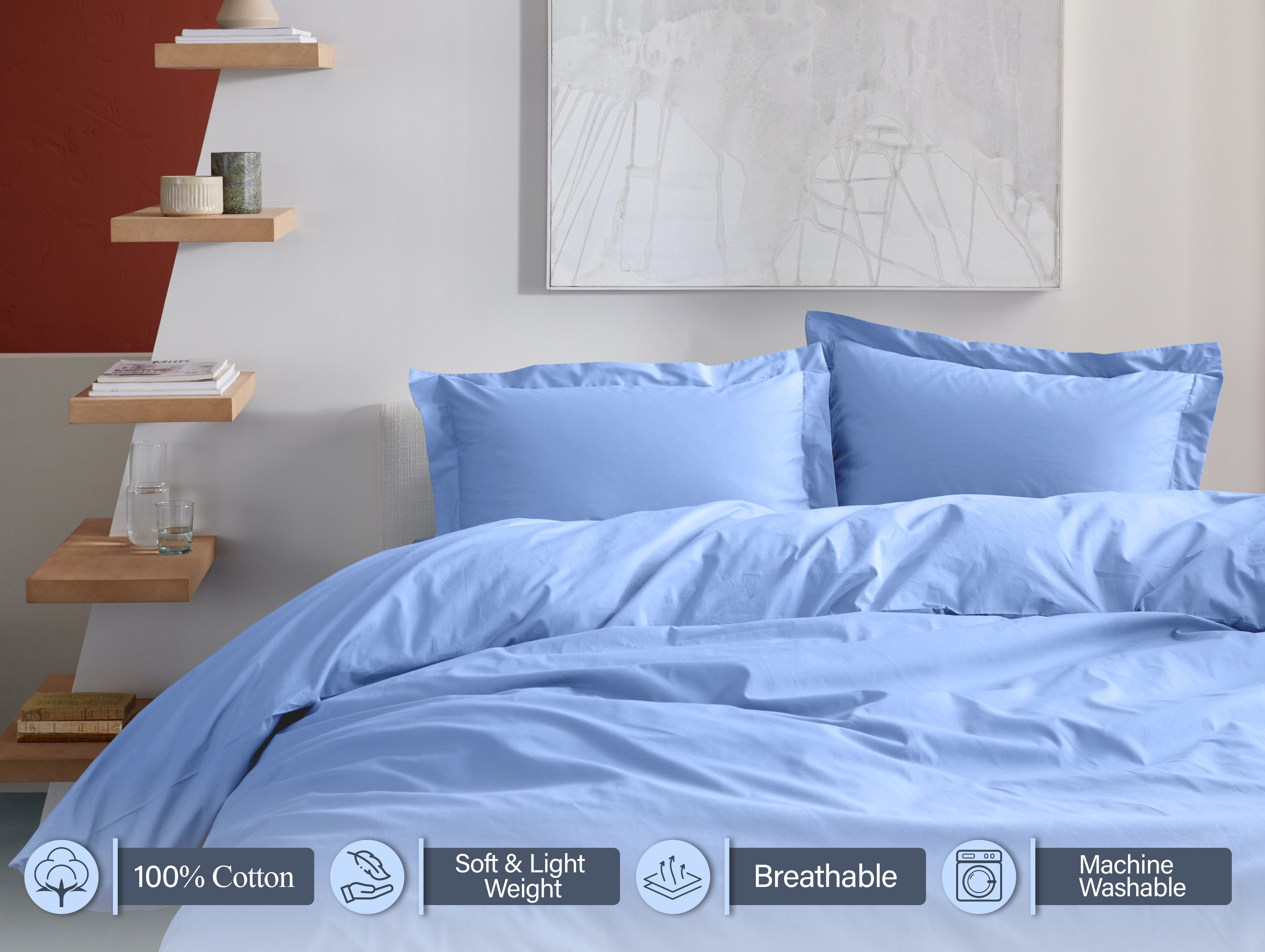 Ruvanti Queen Size Cotton Duvet Cover Set - Sky Blue 3 Pieces with Button Closure, 92x96 inches
