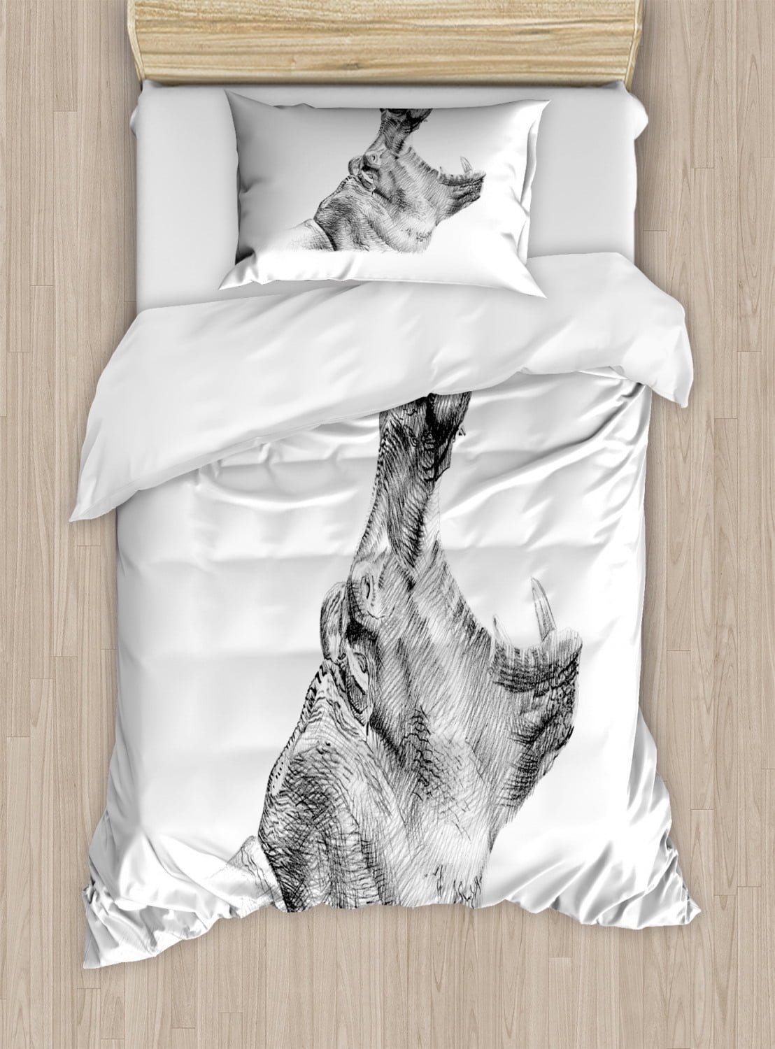 Hippo Twin Size Duvet Cover Set, HandDrawn Pencil Sketch Style Digital