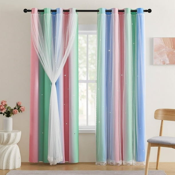 Cortinas XiDi para habitación infantil con forma de estrella, 132 x 213 cm, rosa, verde y azul