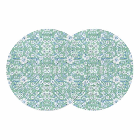 Light Green Blue Floral Round 13 Inch Placemats Set of 2, Vintage Pastoral Botanical HeatResistant Non Slip Place Mats for Dining Table, Wipeable Braided Kitchen Table Mats for Housewarming