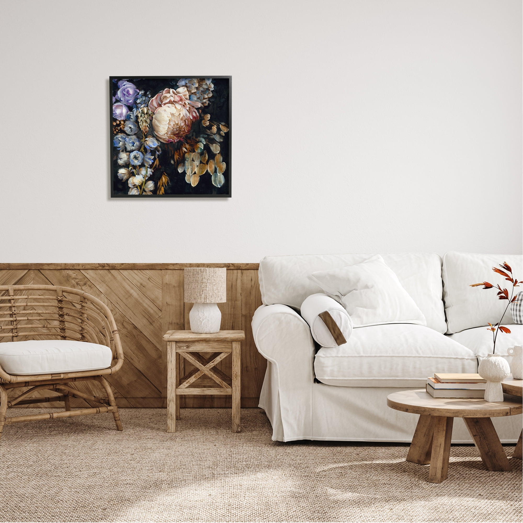 Stupell Industries Vintage Peonies on Black Botanical & Floral Painting Black Framed Art Print Wall Art, 24 x 24