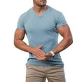 thumbnail image 4 of Afdoent Men's Casual Shirts Male Summer Sports Fitness And Leisure Vertical Stripe Elastic Vertical Stripe V Neck Short Sleeve Shirt Classic Fit, 4 of 4