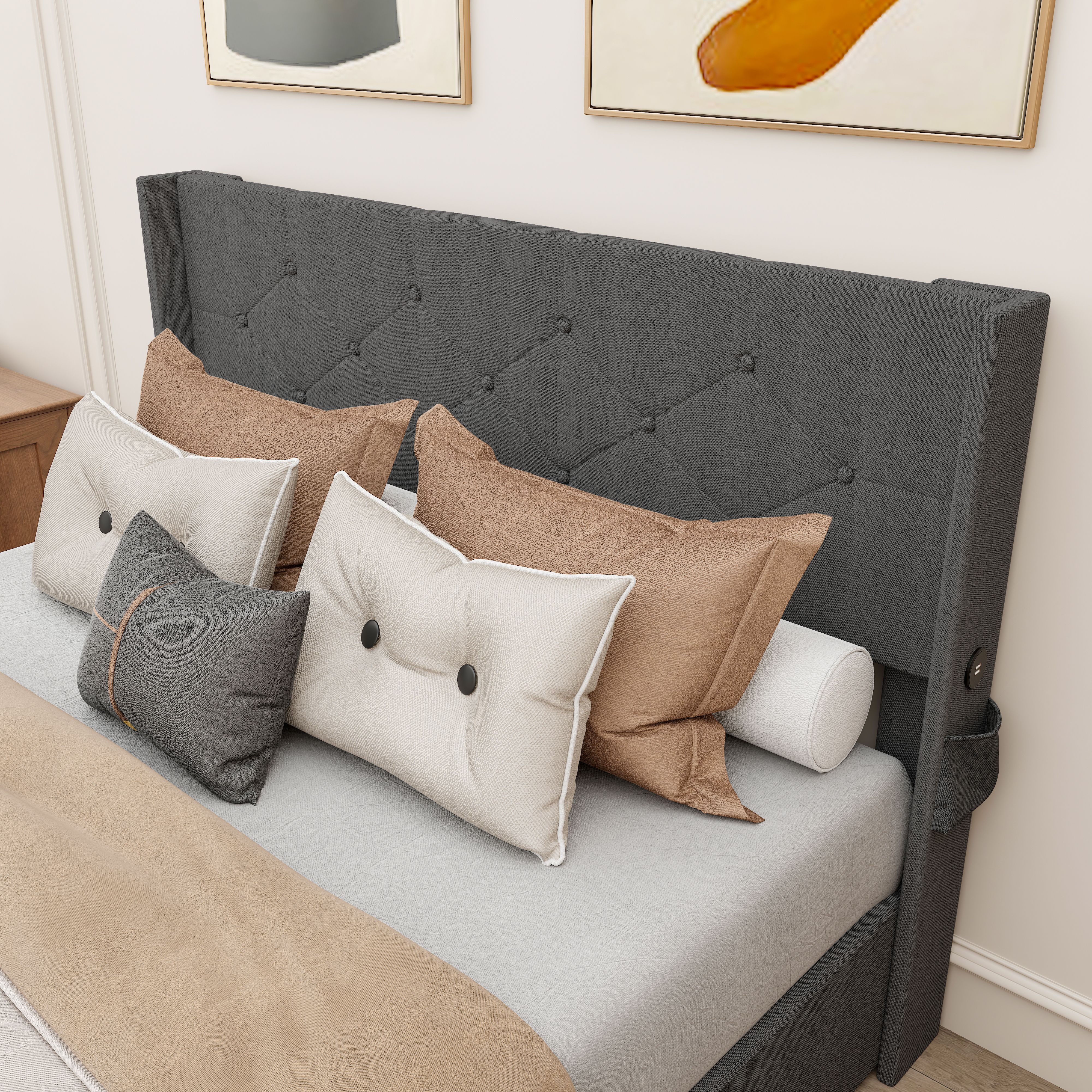 Lisonu Modern Queen Size Bed Frame with Storage, Wingback Headboard, USB Ports, Dark Gray Upholstered