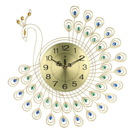 Simon Crystal Clock - 21 inch Crystal Metal Golden Peacock Wall Clock with Arabic Numerals, Decorative Clock for Living Room, Bedroom, Office Space