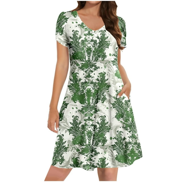 Staron Robe d'Été pour Femmes Manches Courtes Ample Robes Fluides Décontractées Printemps Ligne A Boho Col en V Imprimé Floral Vacances Plage Robe de Soleil avec Poches G