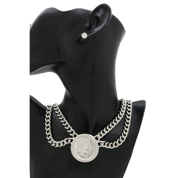Women Silver Metal Chain Necklace Greek Face Coin Medallion Charm Pendant Set