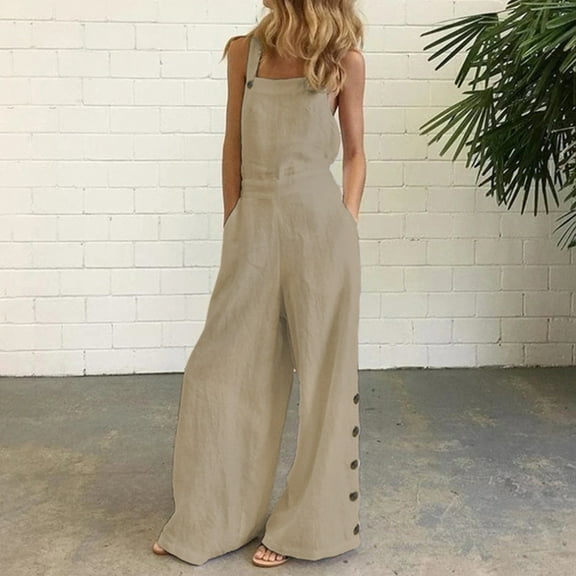 OKBOP Athletic Pants for Women,Loose Jumpsuit Casual Suspender Wide Leg Solid Buttons Overalls Pants for Women