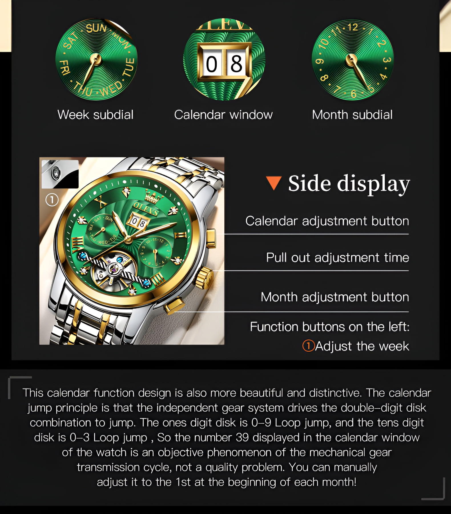 OLEVS Watch for Men Automatic Skeleton Tourbillon Mechanical Self Winding Business Luxury Dual Calendar Stainless Steel Luminous Waterproof Man Wrist Watches Green Dial