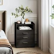 24"Bedroom Living Room Exquisite Bedside Table with 3 Drawers and USB Port,File cabinetswith Storage Shelf,Black