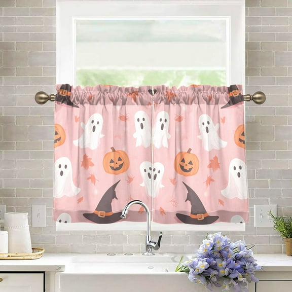 Yayeee Kitchen Curtains Tier Pair Light Filtering 27"x36" Rod Pocket Short Cafe Window Panel, Cute Pink Halloween