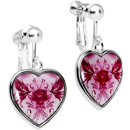 Pink Tribal Flowering Rose Heart Clip On Earrings