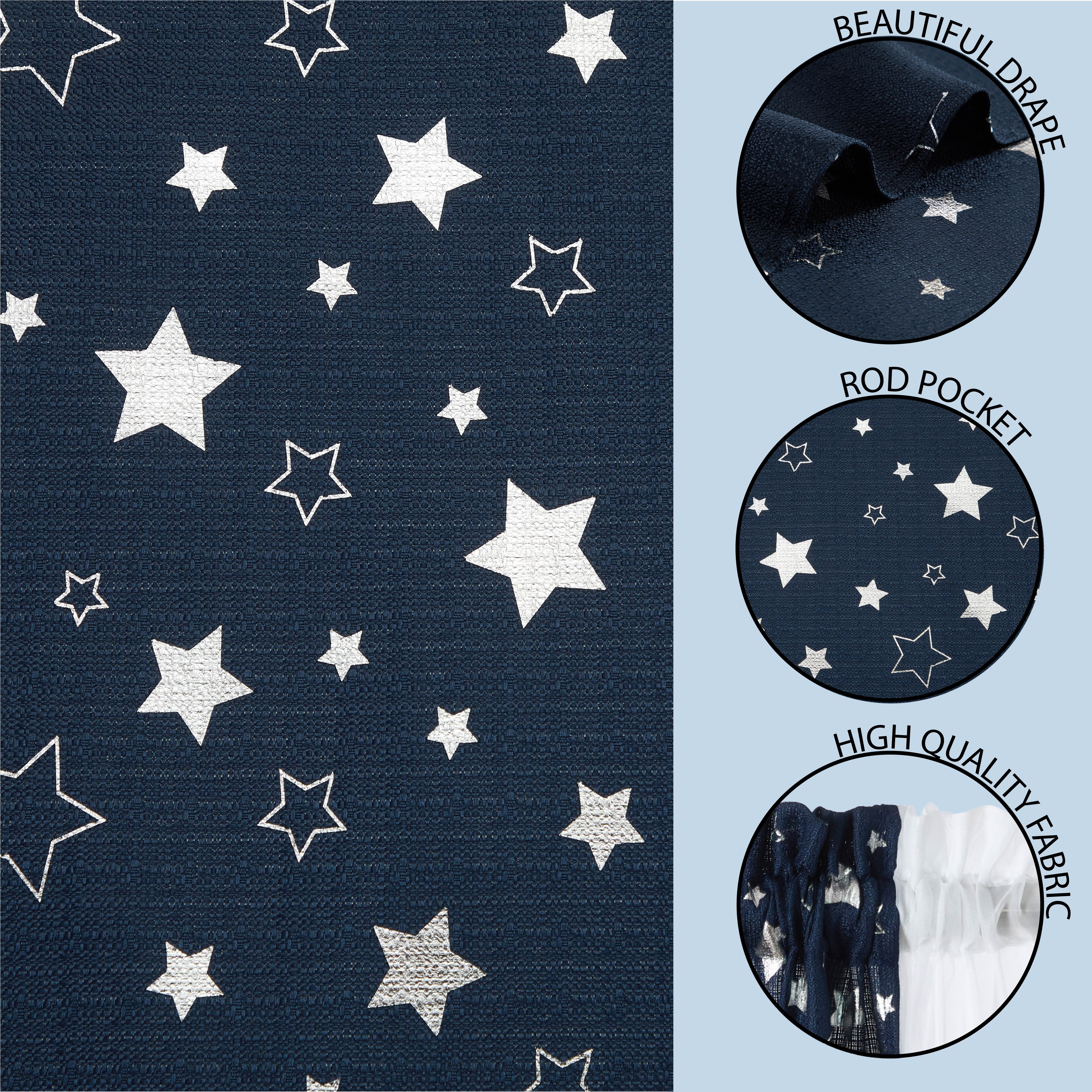 Your Zone Curtain and Sheers Panel Set, 4-Piece, Foil Stars Navy, 27.5" W x 54" L