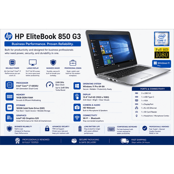 Restored HP EliteBook 850 G3 Laptop 15.6" Full HD Intel Core i7-6600U 6th Gen 16GB RAM 180GB SSD Windows 11 Pro
